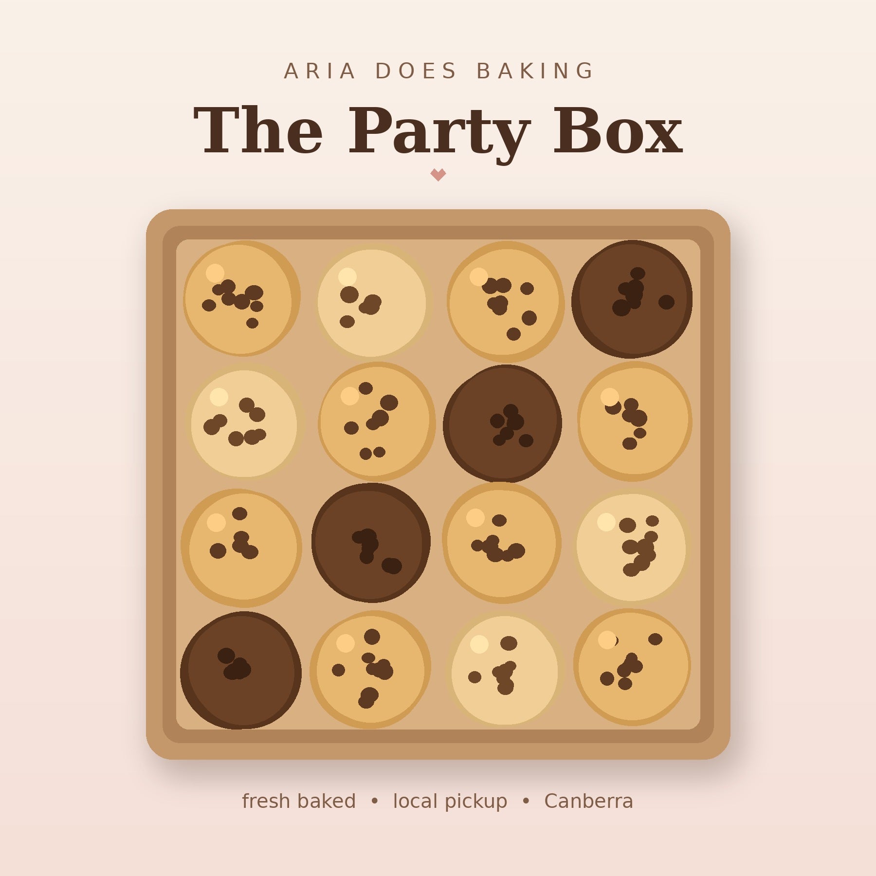 The Party Box: a kraft box of assorted choc chip and double choc cookies, Aria does baking