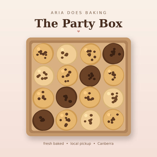 The Party Box: a kraft box of assorted choc chip and double choc cookies, Aria does baking